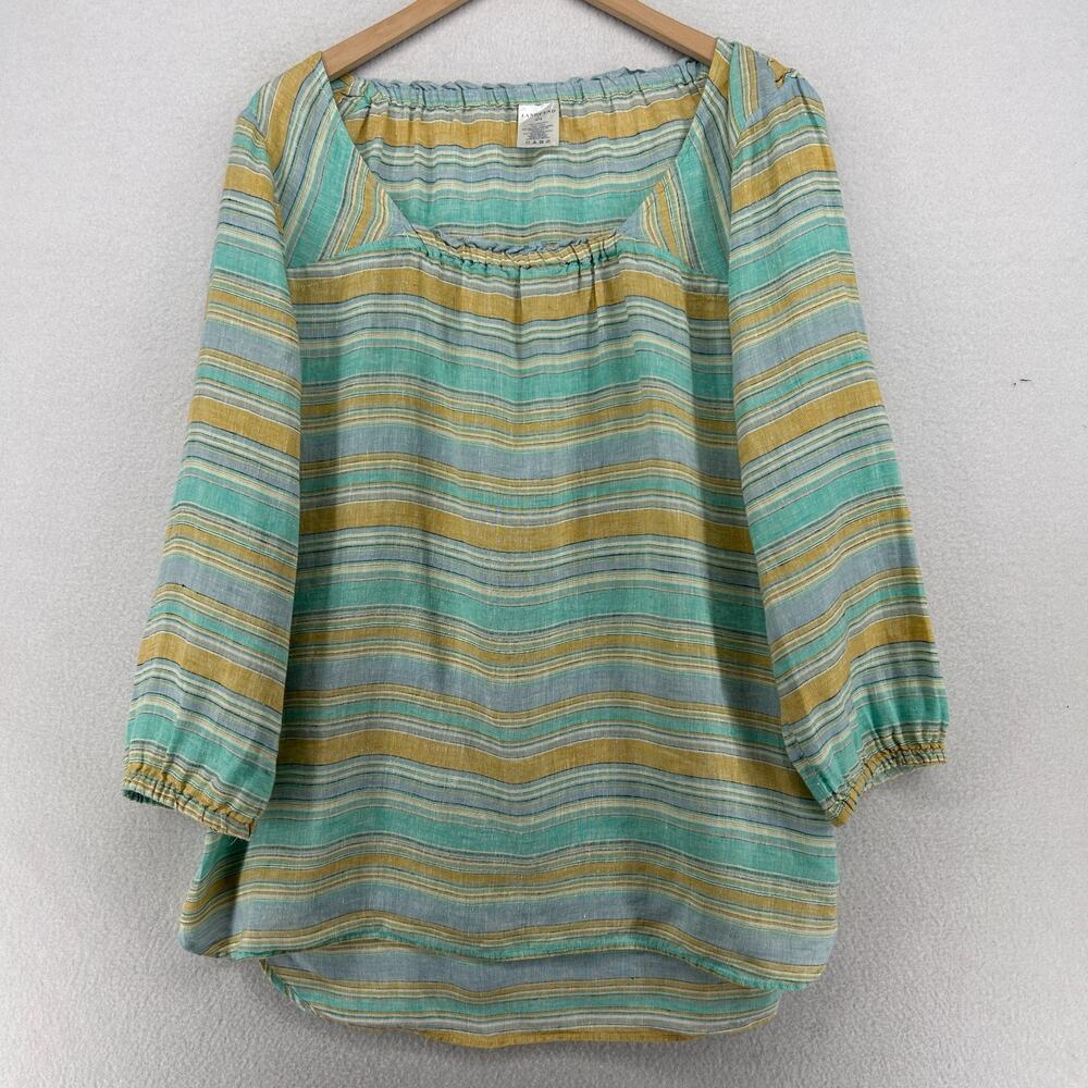 LANDS END Tunic Top Womens L 14-16 Linen Square Neck Striped Long Sleeve Green